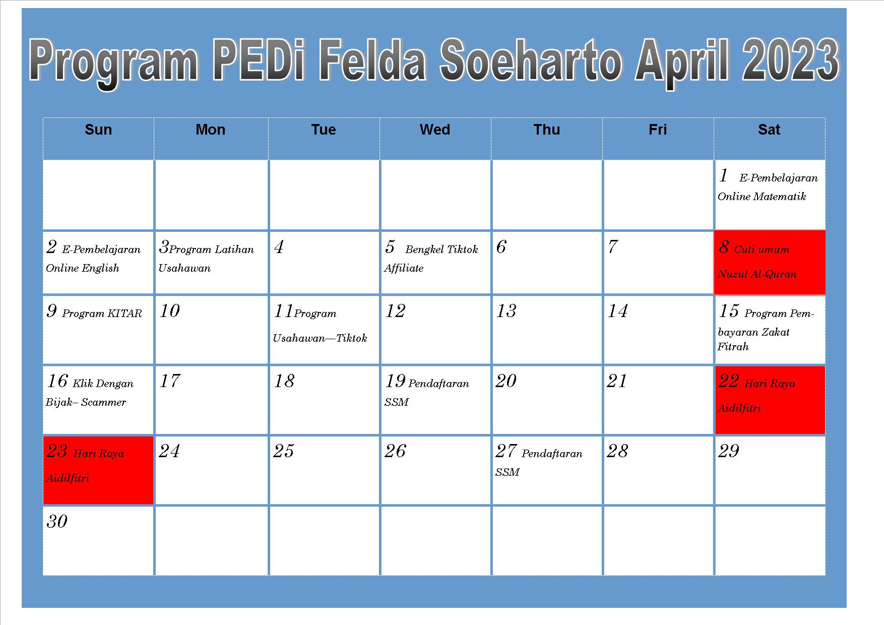 jadual aktiviti bulan april 1